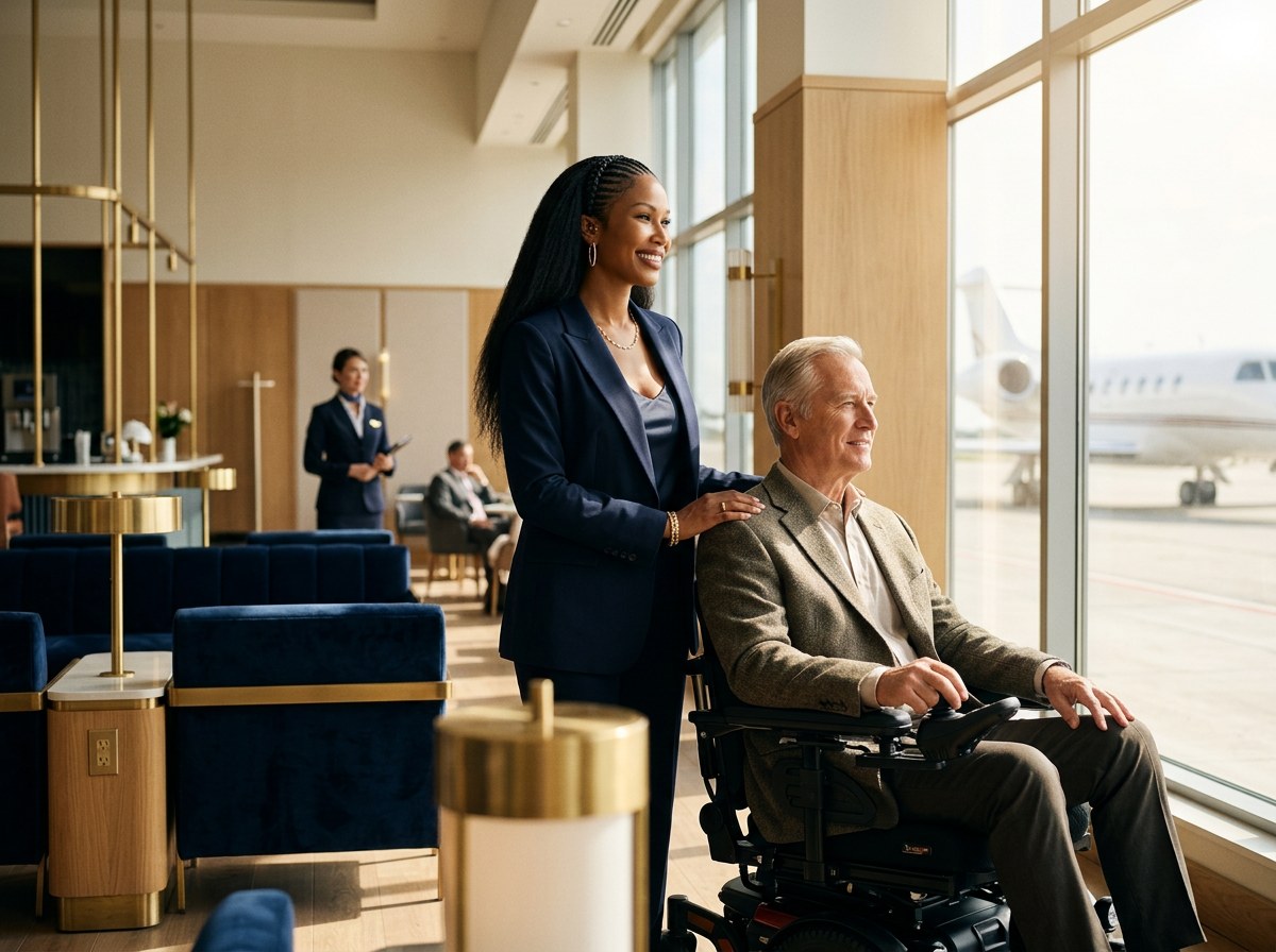 Racquel of Everlyn Travel Concierge assisting an older gentleman using a wheelchair in an elegant airport lounge